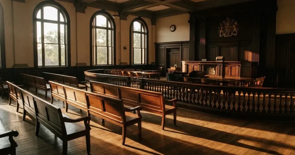 An empty courtroom with wooden benches in morning light