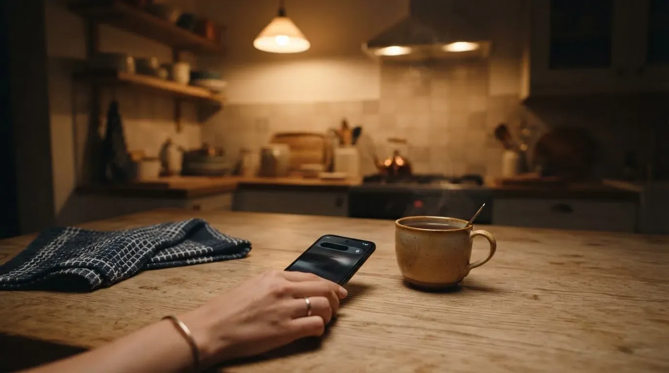 A hand setting a smartphone down beside a cup of tea on a kitchen table on a quiet evening