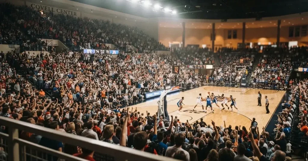 A packed sports hall under floodlights photographed from a long way off