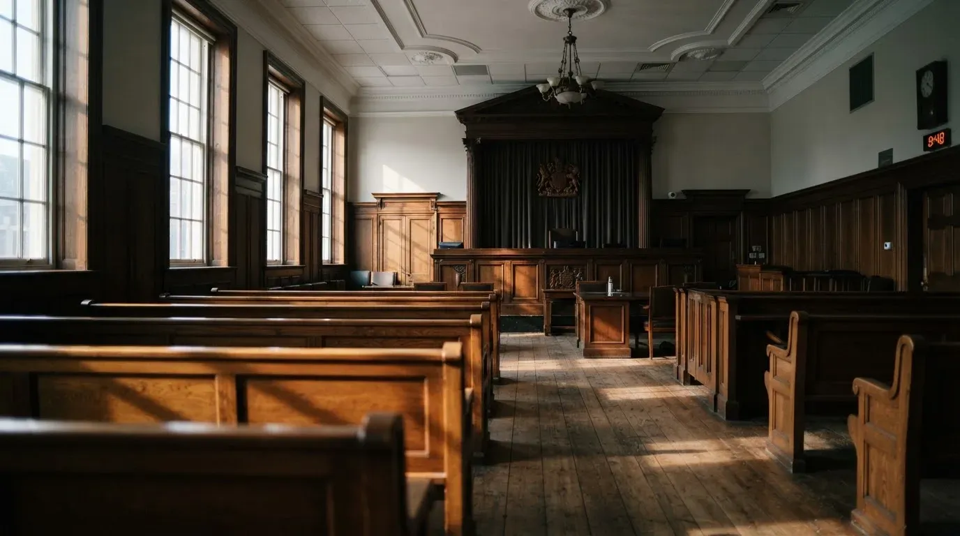 An empty courtroom with wooden benches in morning light