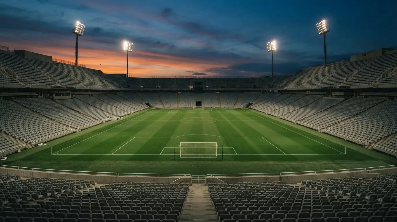 An empty football stadium with floodlight masts at dusk