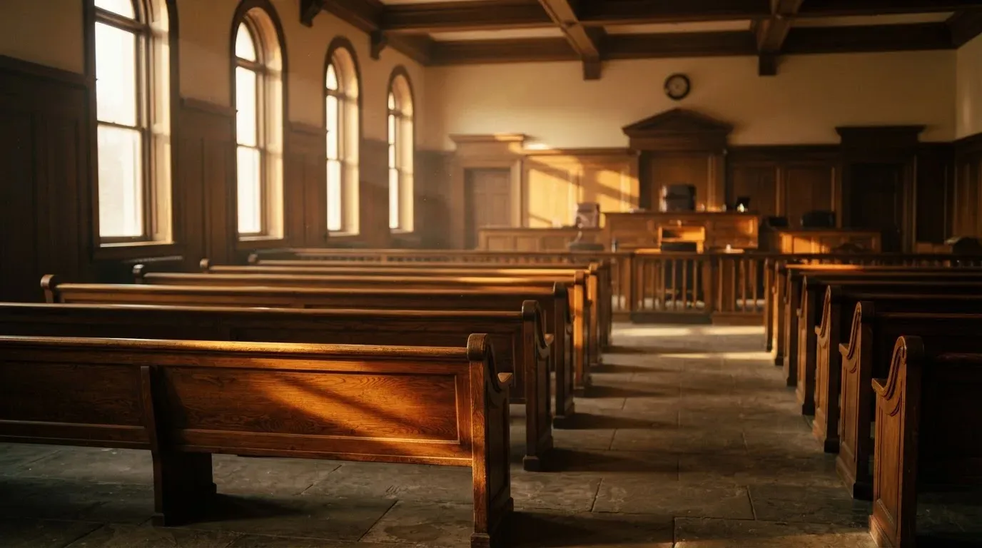 An empty courtroom with wooden benches in morning light