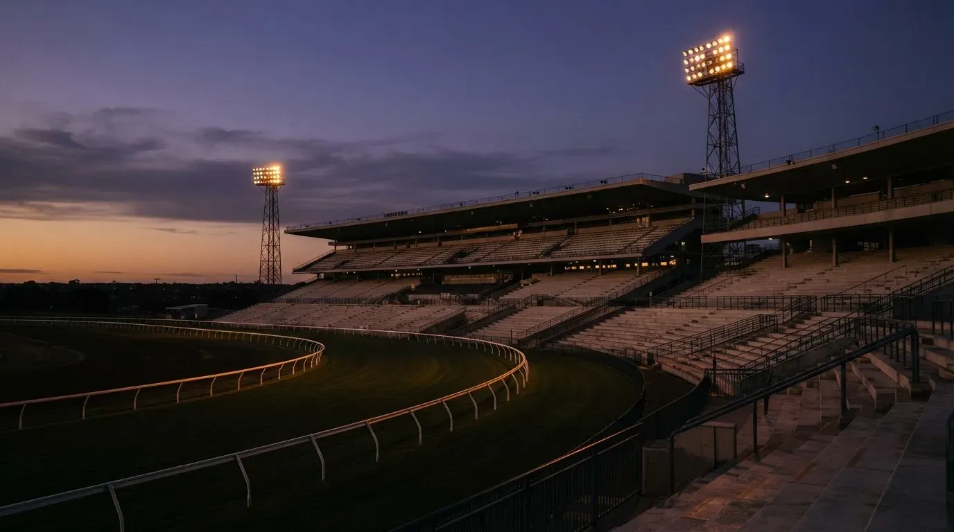 An empty football stadium with floodlight masts at dusk