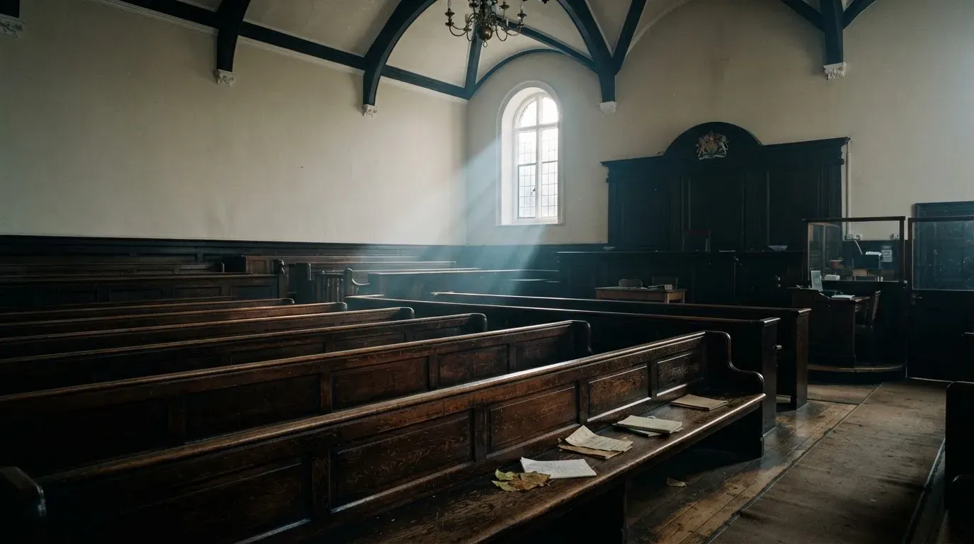 An empty courtroom with wooden benches in morning light
