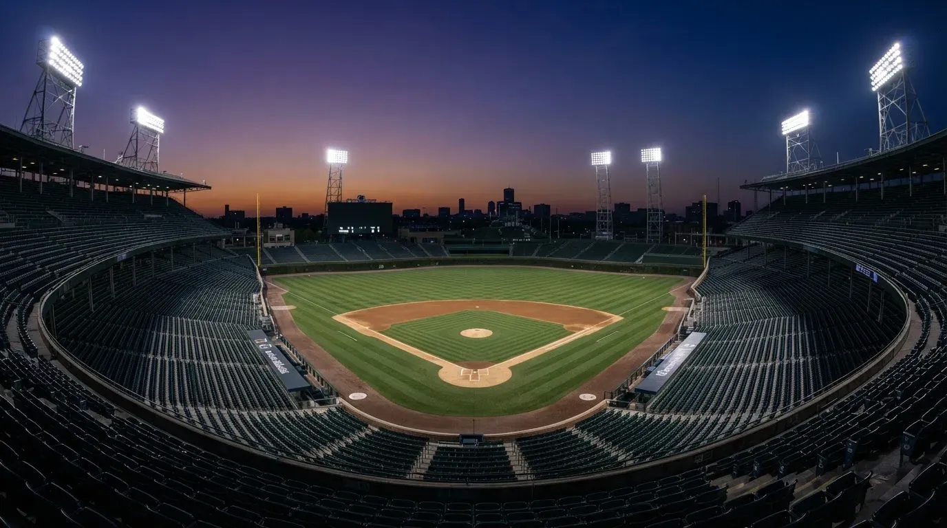 An empty football stadium with floodlight masts at dusk