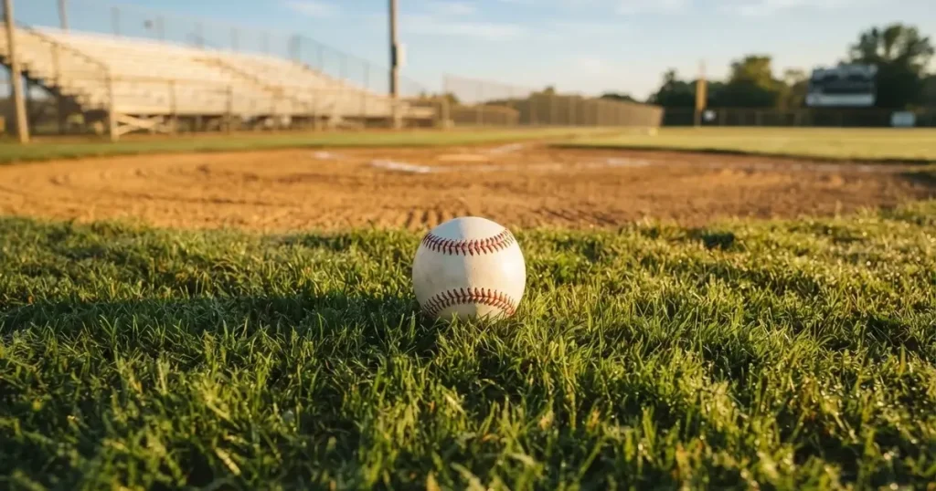 A ball on the centre spot of a grass pitch in morning light