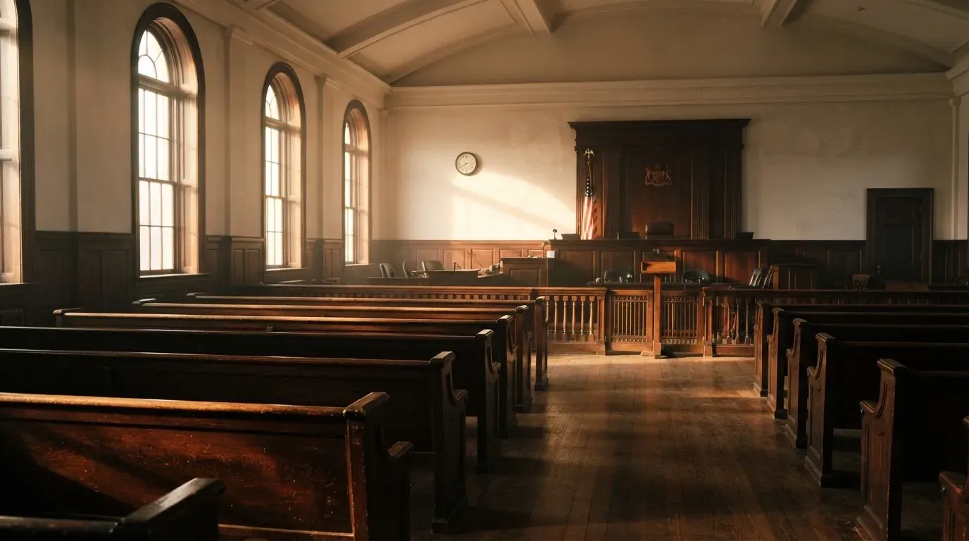 An empty courtroom with wooden benches in morning light