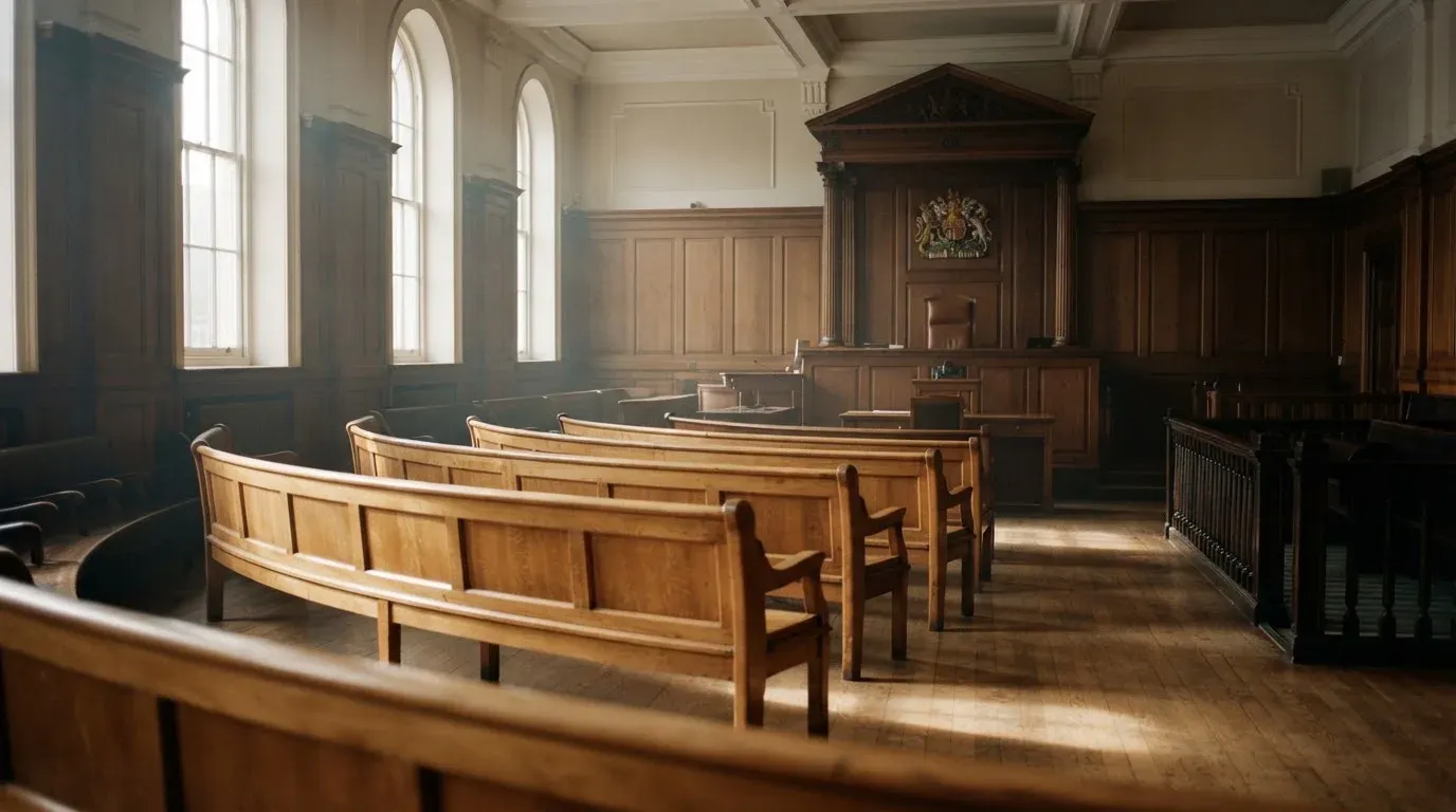 An empty courtroom with wooden benches in morning light