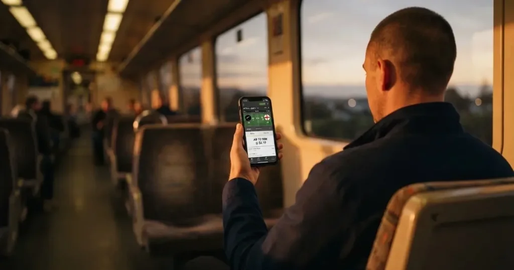 A hand holding a smartphone on a train in the evening, screen turned away