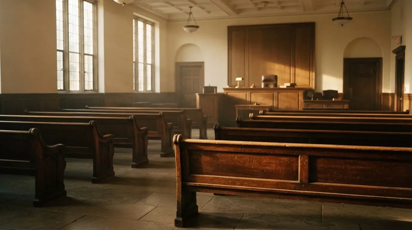 An empty courtroom with wooden benches in morning light