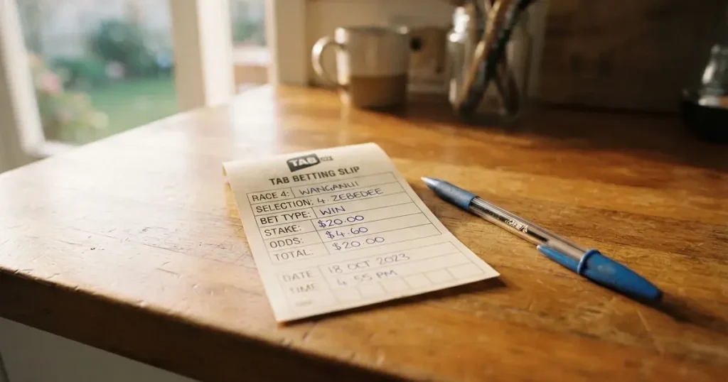 A blank paper betting slip beside a pen on a wooden counter