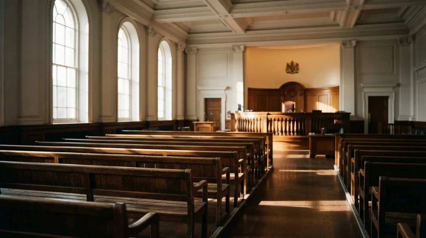 An empty courtroom with wooden benches in morning light