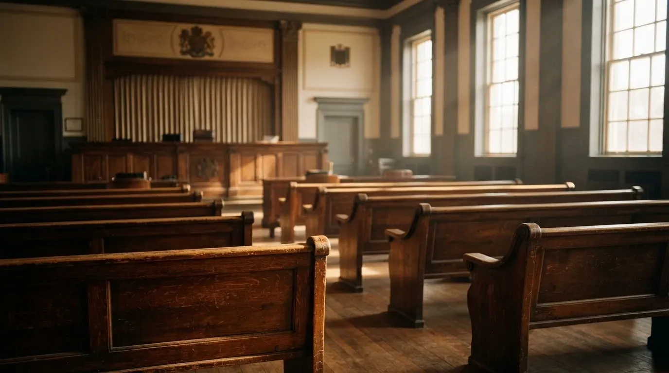 An empty courtroom with wooden benches in morning light