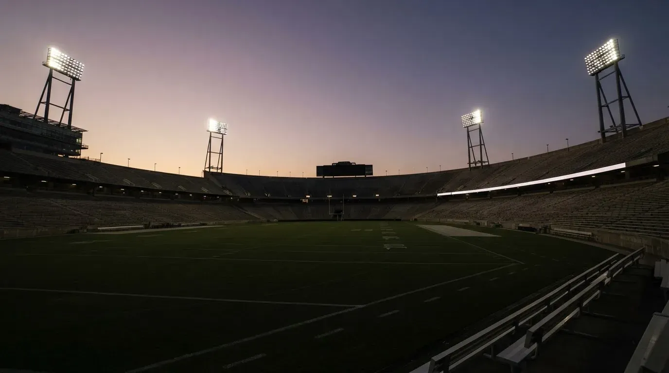 An empty football stadium with floodlight masts at dusk