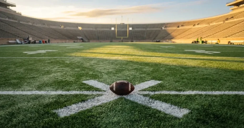 A ball on the centre spot of a grass pitch in morning light