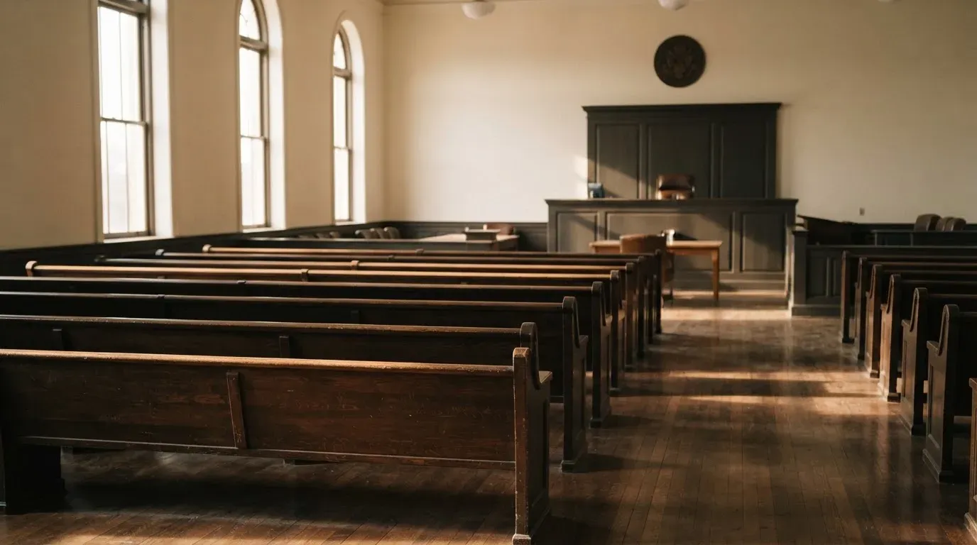 An empty courtroom with wooden benches in morning light