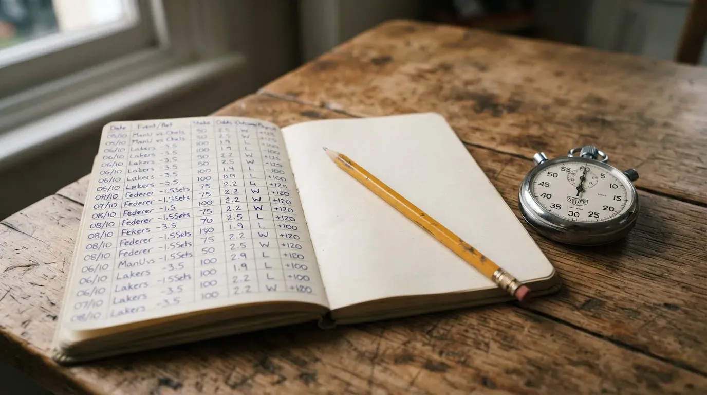 An open notebook with a pencil and a stopwatch on a wooden table