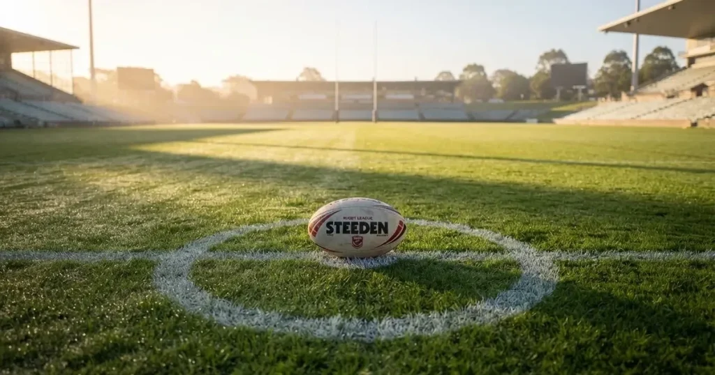 A ball on the centre spot of a grass pitch in morning light