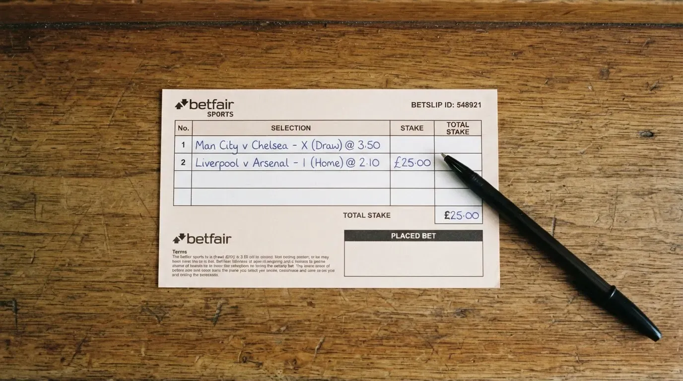 A blank paper betting slip beside a pen on a wooden counter