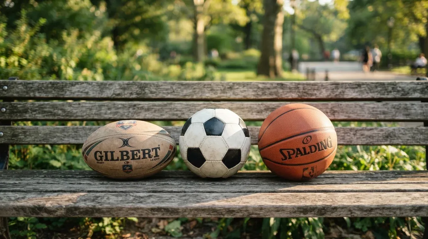 Three balls of different kinds side by side on a wooden bench