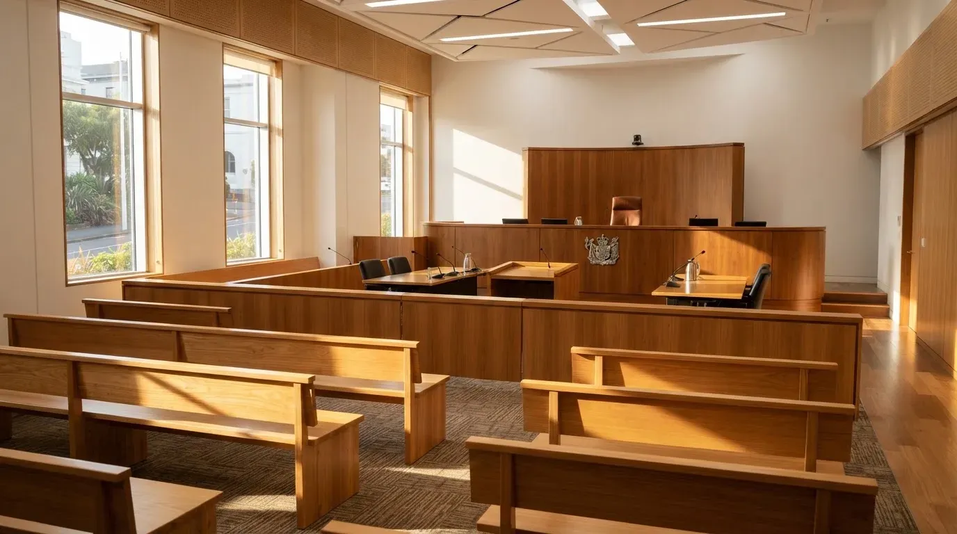 An empty courtroom with wooden benches in morning light
