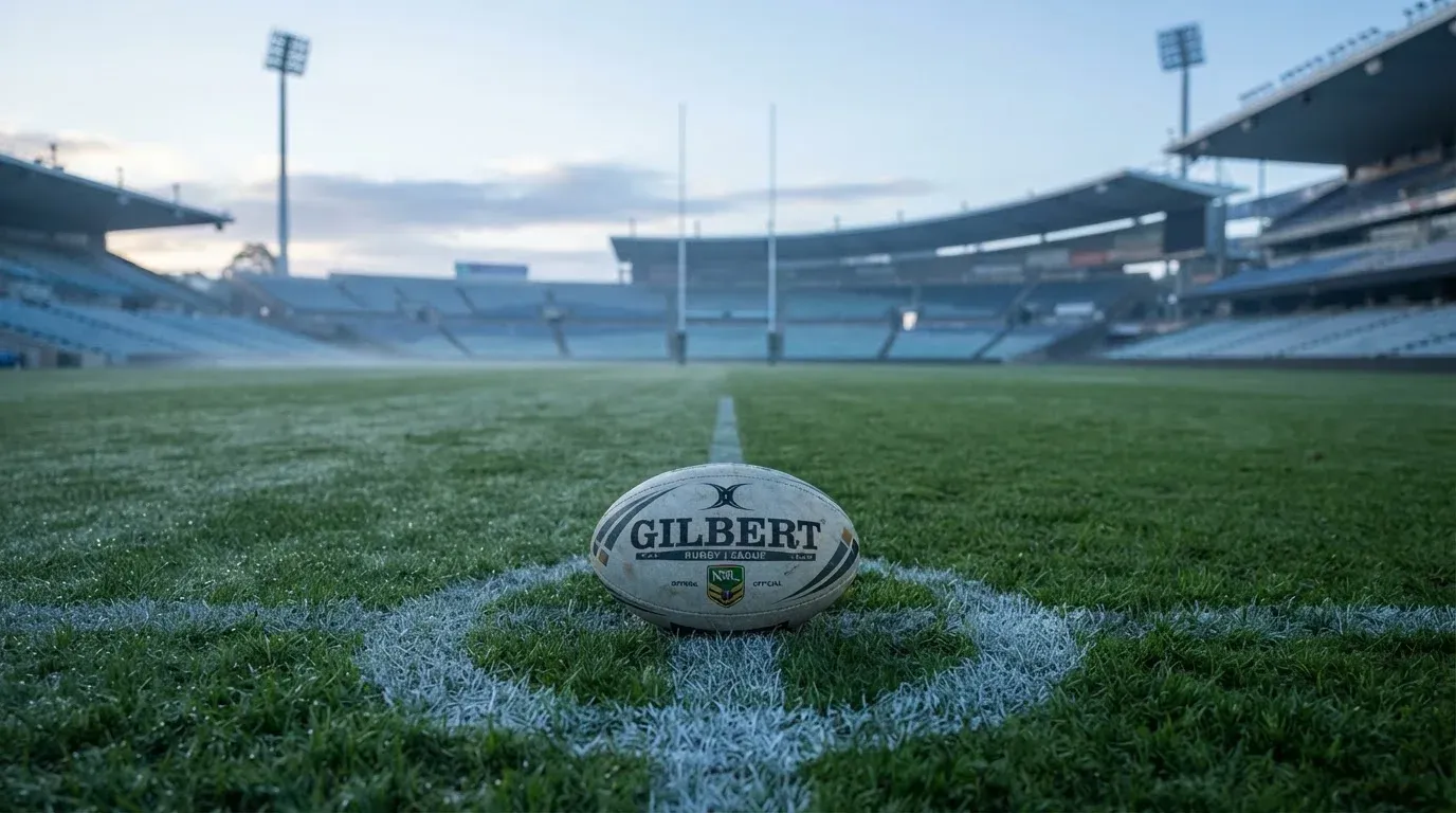 A ball on the centre spot of a grass pitch in morning light