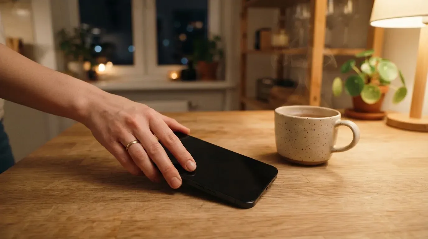 A hand setting a smartphone down beside a cup of tea on a kitchen table on a quiet evening