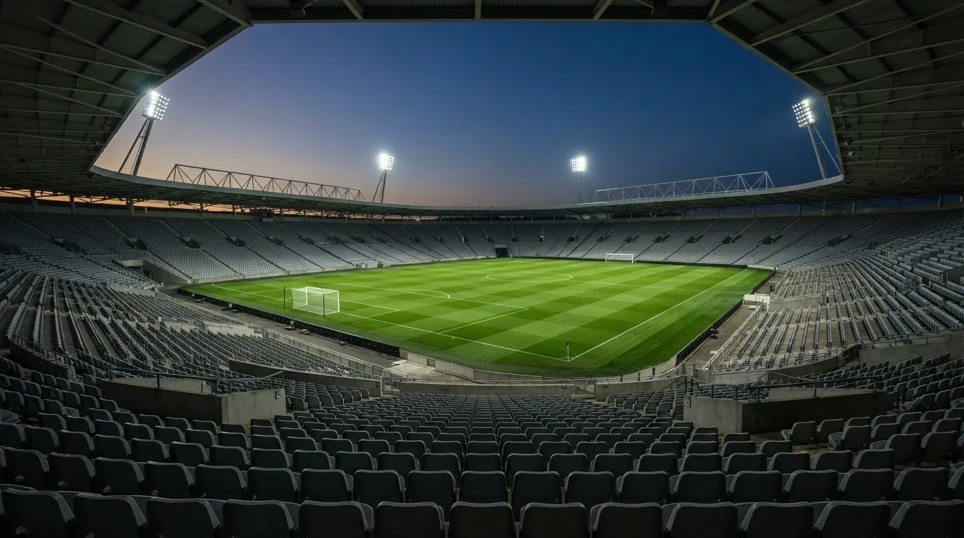 An empty football stadium with floodlight masts at dusk