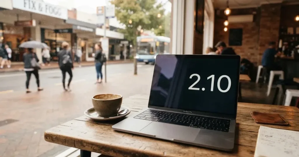A laptop on a café table by a window onto the street