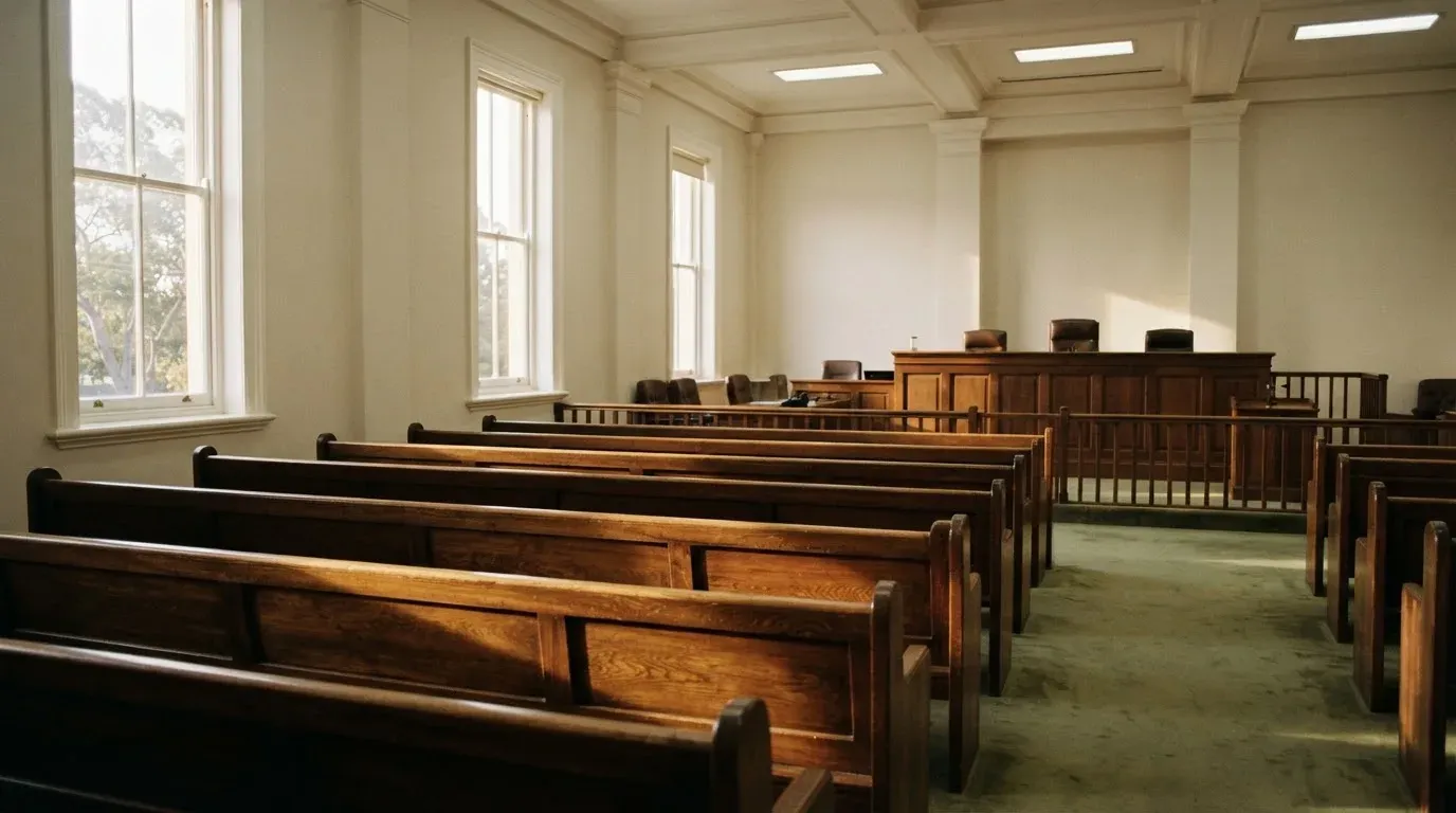An empty courtroom with wooden benches in morning light