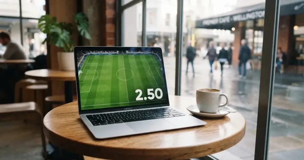 A laptop on a café table by a window onto the street