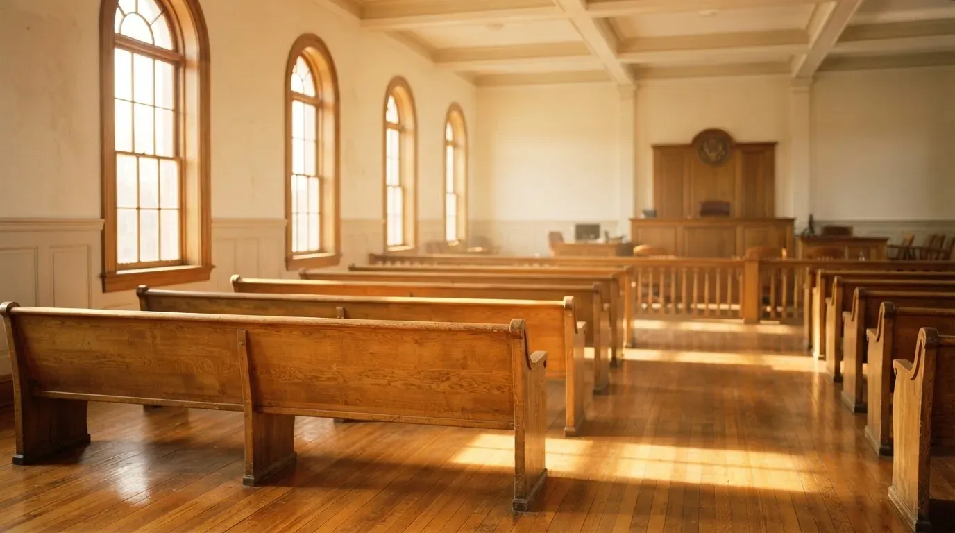 An empty courtroom with wooden benches in morning light