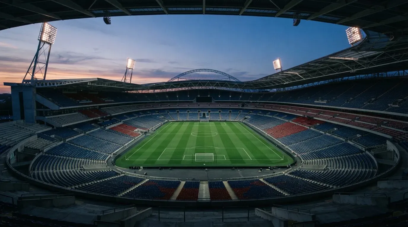 An empty football stadium with floodlight masts at dusk