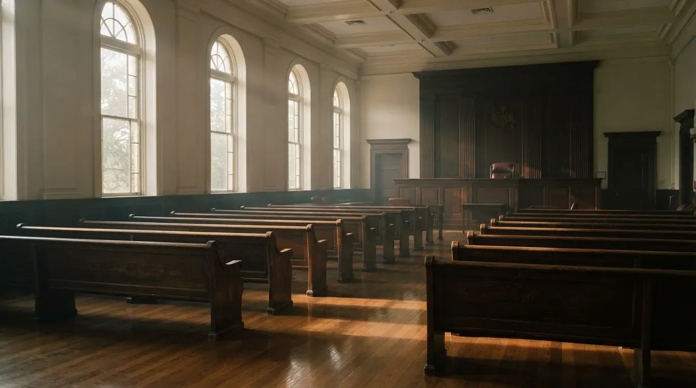 An empty courtroom with wooden benches in morning light