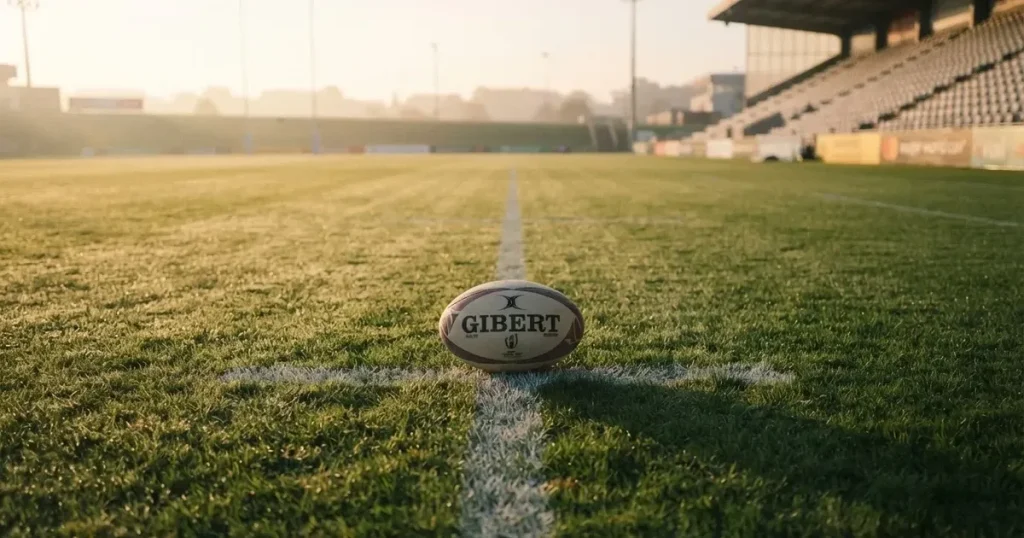 A ball on the centre spot of a grass pitch in morning light