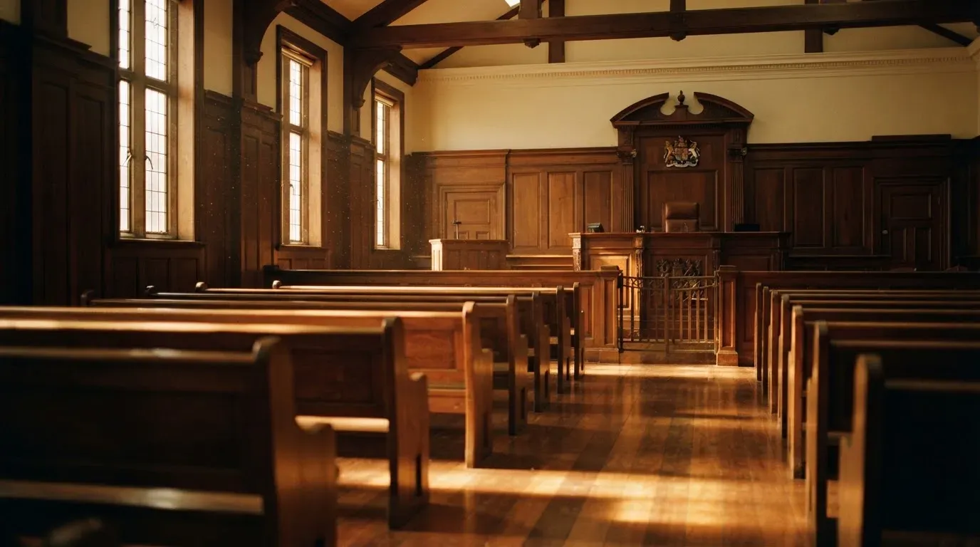 An empty courtroom with wooden benches in morning light