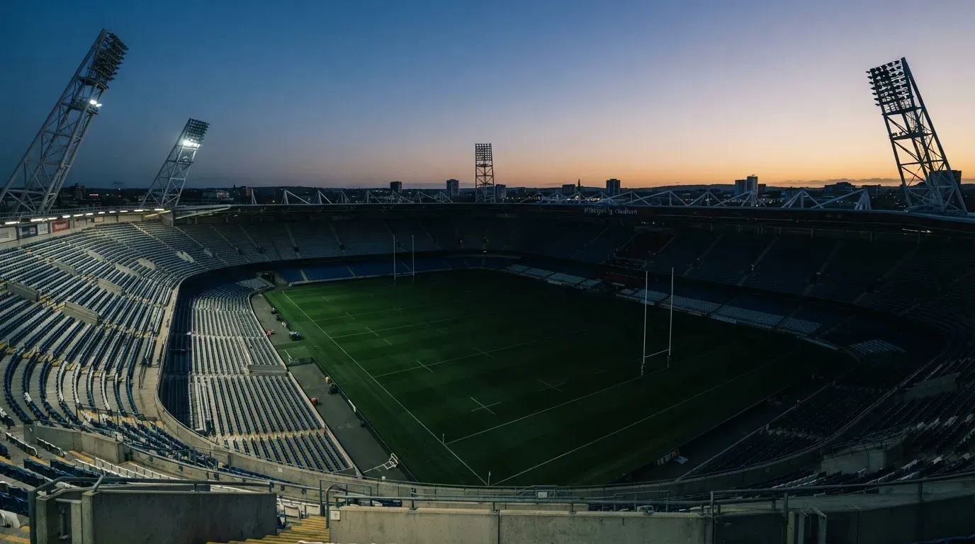 An empty football stadium with floodlight masts at dusk