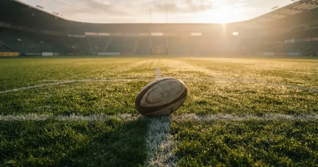 A ball on the centre spot of a grass pitch in morning light