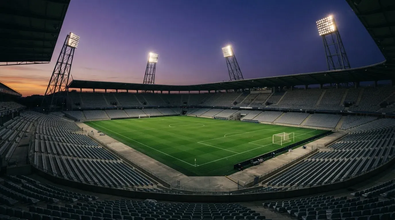An empty football stadium with floodlight masts at dusk