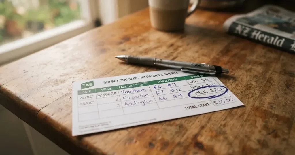 A blank paper betting slip beside a pen on a wooden counter