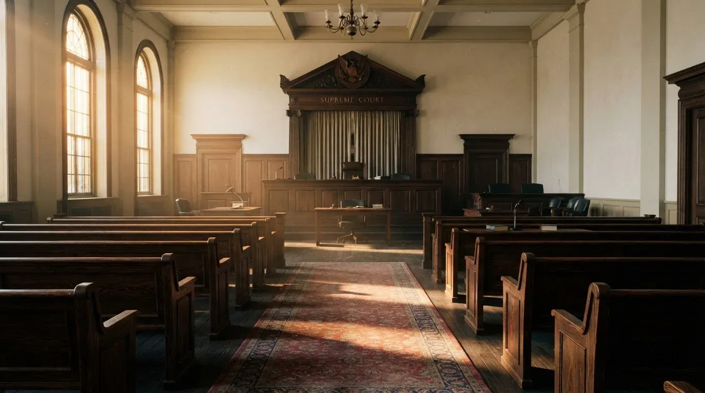 An empty courtroom with wooden benches in morning light