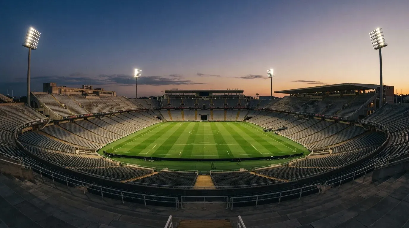 An empty football stadium with floodlight masts at dusk