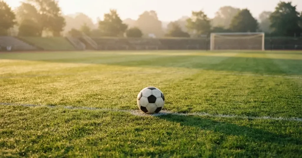 A ball on the centre spot of a grass pitch in morning light