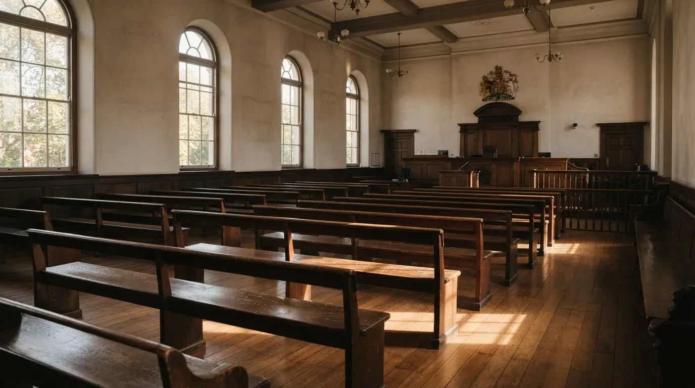 An empty courtroom with wooden benches in morning light