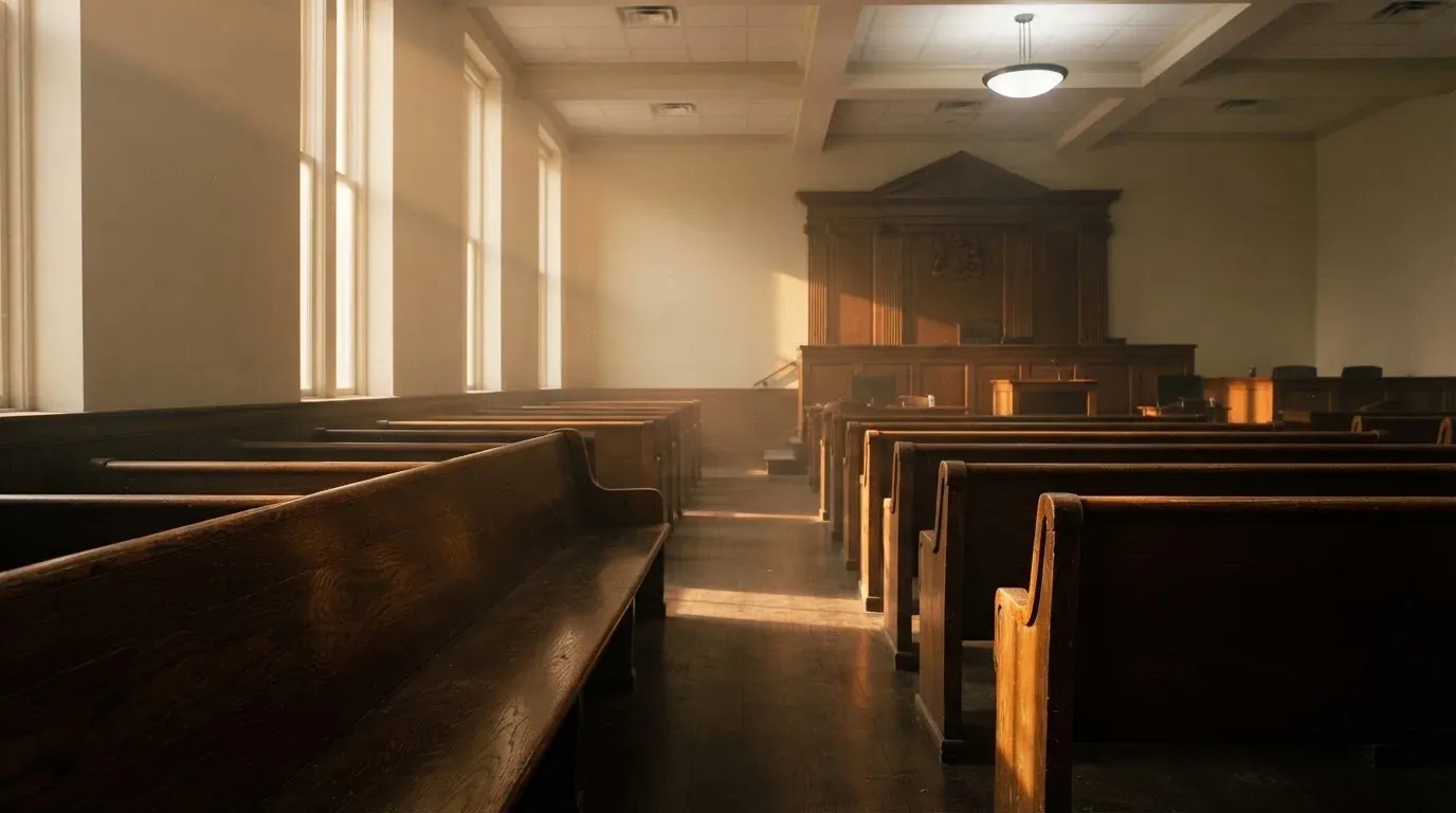 An empty courtroom with wooden benches in morning light