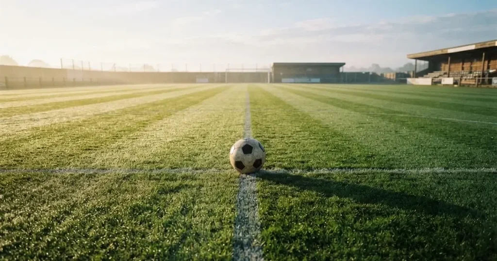 A ball on the centre spot of a grass pitch in morning light