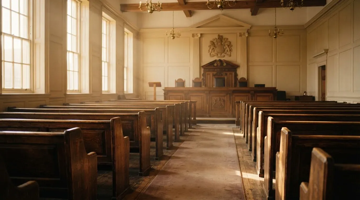 An empty courtroom with wooden benches in morning light