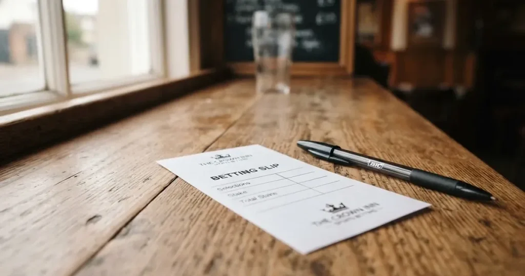 A blank paper betting slip beside a pen on a wooden counter