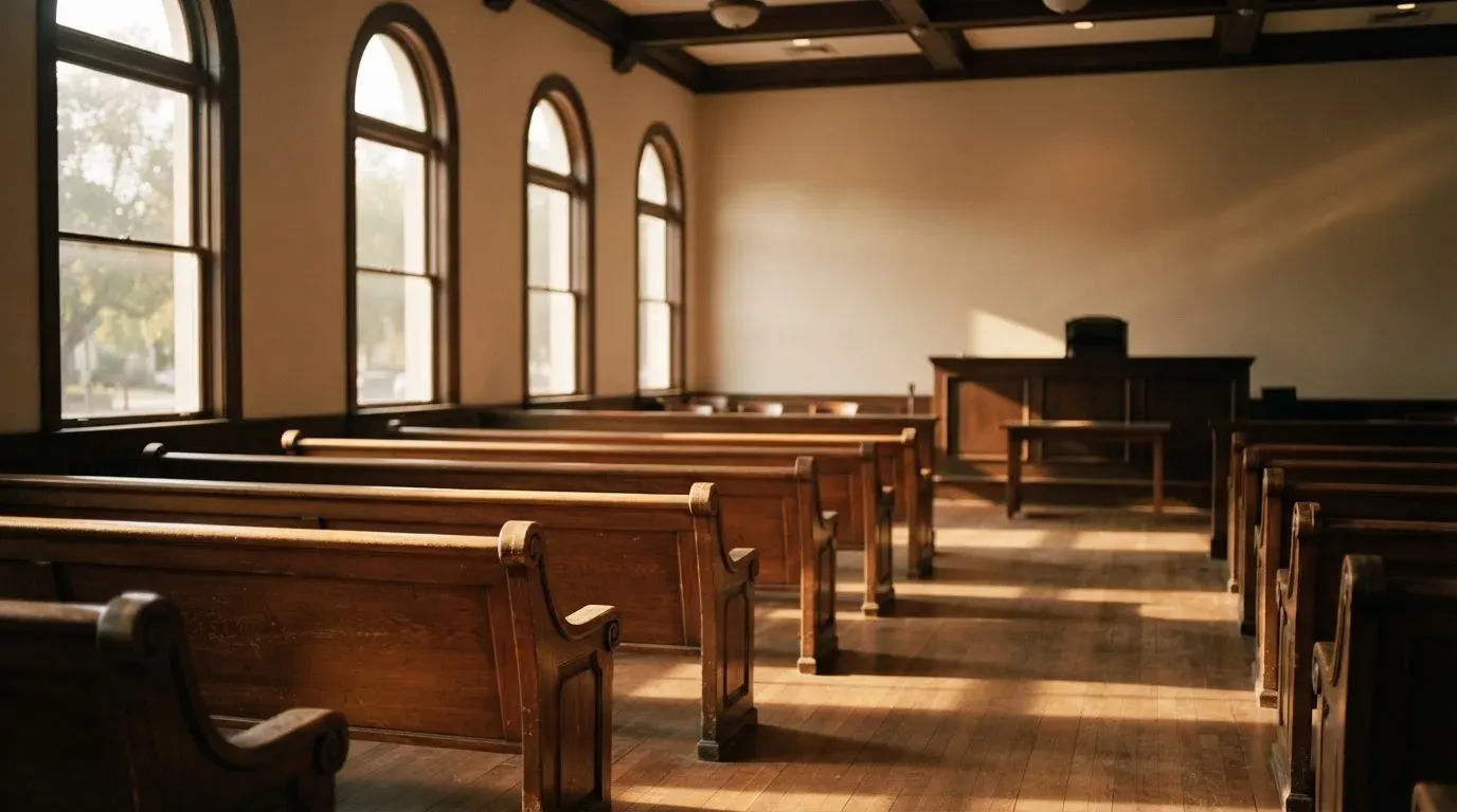 An empty courtroom with wooden benches in morning light