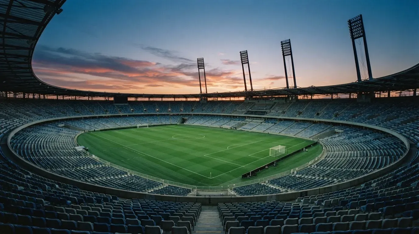 An empty football stadium with floodlight masts at dusk